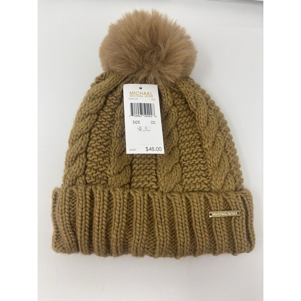 Michael Kors Cable Knit Pom Pom Beanie Hat Camel Brown Gold Logo OS New NWT